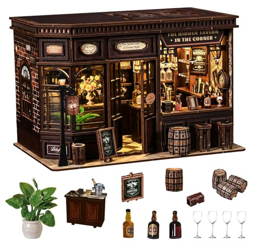 Spilay Miniatur Haus, Vintage Eckkneipe Puppenhaus Holz | DIY Miniature House mit LED-Licht, 3D Puzzle für Erwachsene, Miniatur Bausatz, Bücherregal Deko, Schreibtischdeko Geschenk