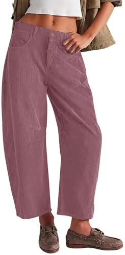 WINKEEY Pantalon Corduroy Femme Large Haute Taille Pantalon Élastique Bootcut Palazzo avec Poches pour Automne Hiver, Rose S