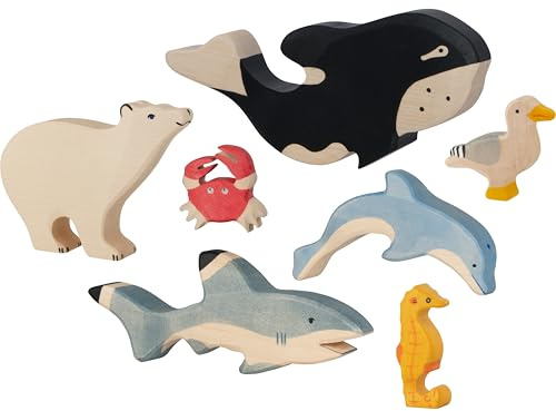 Holztiger 6616 Set Meereswelt - 7 Spielfiguren aus Holz, Hai, Delfin, Orka-Wal, Seepferdchen, Krabbe, Möwe und Eisbär, handbemalte Spielzeugtiere für Kinder, Made in Europe