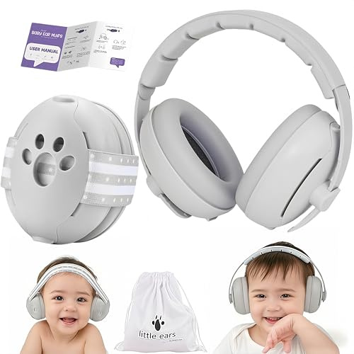 GUKOY 2-i-1 bullerskydd baby öronmuffar upp till 48 månader, hörselskydd baby bullerskydd upp till 25 dB, elastiskt och justerbart halkskydd pannband, perfekt för sömn, resor