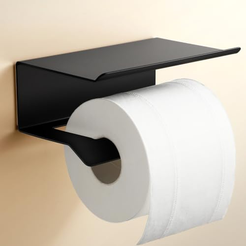 ALOCEO Toilettenpapierhalter Ohne Bohren mit Ablage Schwarz Matt | Selbstklebender Klopapierhalter aus Edelstahl, Toilettenpapierhalter für Bad, WC und Küche