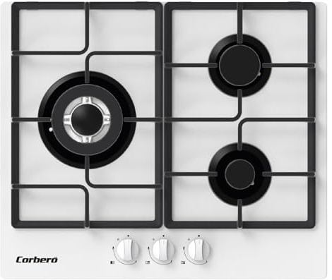 Corberó - Placa Gas Butano 60cm| CPCGM3F3126W | Potencia 6.05kW | 3 Zonas | Zona Wok | Autoencendido | Capa Protección Clean+| Desconexión Automática | Cristal Blanco