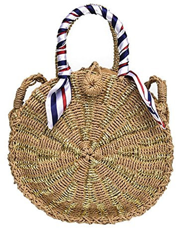 TentHome Rund Rattan Tasche Stroh Strandtasche Korbtasche Kreis Sommer Schultertasche Handarbeit böhmische Umhängetasche mit Schal (Golden)