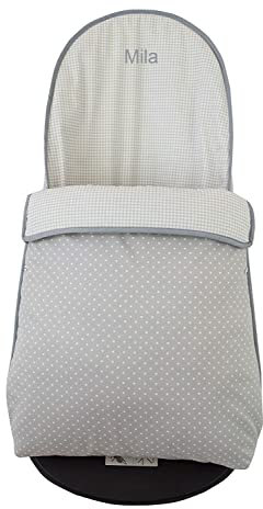 Bezug/Schutzhülle+Sack Für Babywippe/Hängematte MIT NAME BESTICKT kompatibel mit Babybjörn Balance und Soft- Ersetzt die Original Polster- Tupfen/Geruit- Grau- Höhe des Deckels verstellbar- Nenel