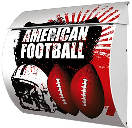 banjado® Burgwächter® Briefkasten weiß aus Stahl mit Motiv American Football/Briefkasten ohne Zeitungsfach/Postkasten mit Kippdach & Öffnungsstopp, 2 Schlüssel