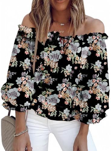 BLENCOT Summer Sexy Off Shoulder Blouse for Women 3/4 Ruffle Sleeve Floral Chiffon Shirts Tops Black XL