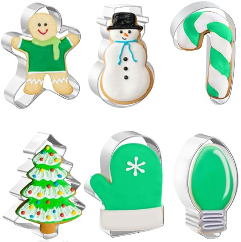 JOB JOL Christmas Cookie Cutters 6 PCS, 4'', Gingerbread Man, Christmas Tree, Snowman, Light Bulb, Mitten