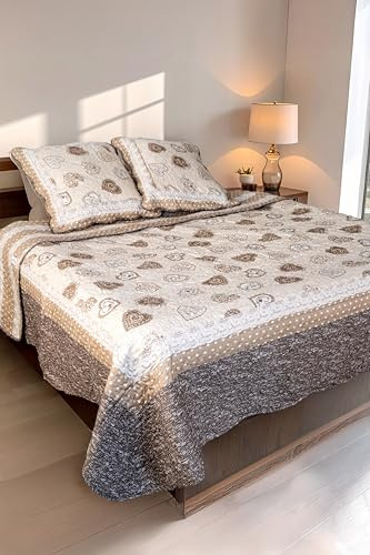 Autrefois Frenchy Lin 230x250 cm avec 2 Taies d'oreiller 65x65 cm, Couvre-lit Matelassé 2 Personnes, Dessus de lit Coeur
