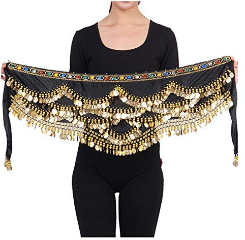 Wuchieal Women's Triangular Belly Dancing Hip Scarf Wrap Skirt with Gold Coins (Black)