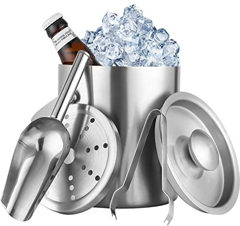 Doppelwandiger Isolierter Eiseimer 2L Eiswürfelbehälter mit Decke Edelstahl Eiskübel mit Zange Schaufel und Eisfilter Eiswürfelbehälter Edelstahl zum Kühlen von Bier Champagner Wein Getränke Obst