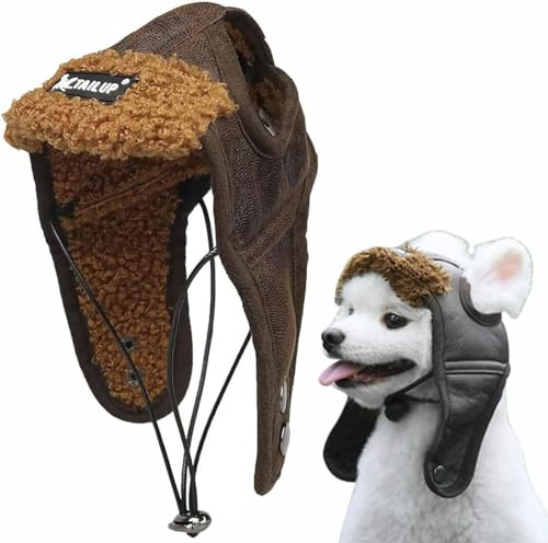 Chapeau d'aviateur pour Chien avec Cache-Oreilles Casquettes Coupe-Vent Bonnet d'hiver en Cuir PU Chaud Réglable Accessoires pour Animaux Domestiques Chapeau pour Chiots Chat en l'Extérieur