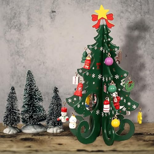 Calendrier de l'Avent mini arbres de Noël artificiels en bois avec 24 pendentifs - Sapin de Noël vert - Mini sapin de Noël - Petite décoration de Noël pour décoration de table - Décoration de table -