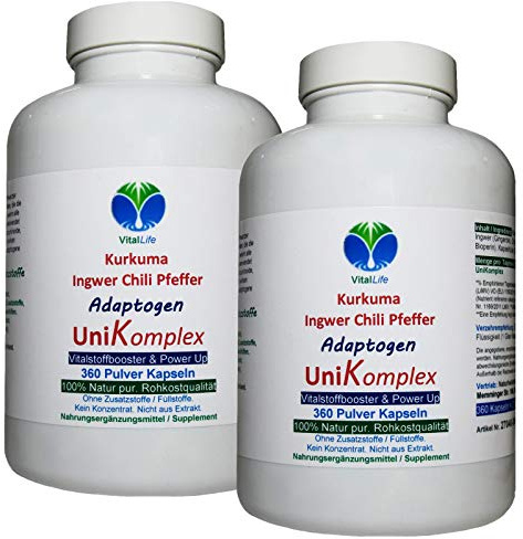 KURKUMA + INGWER + CHILI + PFEFFER - Piperin & Curcumin - UniKomplex - 720 (2x360) Pulver Kapseln - Natur pur - OHNE ZUSATZSTOFFE. 27040-6