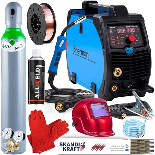 Sherman DIGIMIG 225GDS - 3 in 1 Saldatrice a Filo Continuo con Gas - Saldatura: TIG Lift, Filo Animato e MMA - Regolazione dell'Induttanza e Impostazioni della Memoria - Set ProPlus