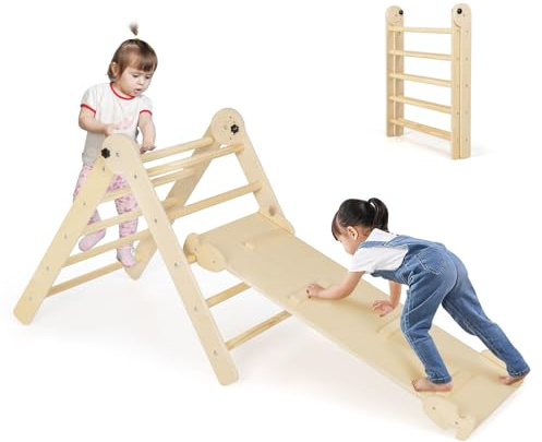 COSTWAY 4 en 1 Triangle d’Escalade Montessori Pliable avec Rampe Double Face, Échelle d'escalade Triangulaire en Bois de Pin avec Hauteur Réglable, Charge 60kg pour Enfants de 3 Ans+ (Naturel)