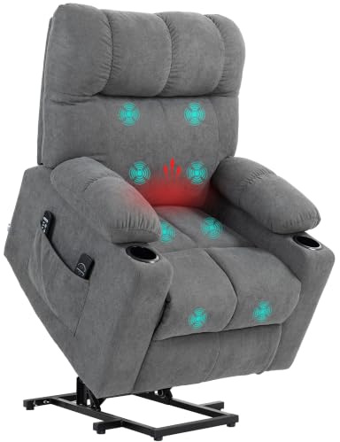 HOMCOM Fernsehsessel mit Aufstehhilfe Fußteil 60 cm Breite Sitz Grau | Elektrisch Relaxsessel, Liegefunktion, Wärmefunktion, Massagesessel, Fernbedienung, Becherhalter, Seitentasche, Samtoptik