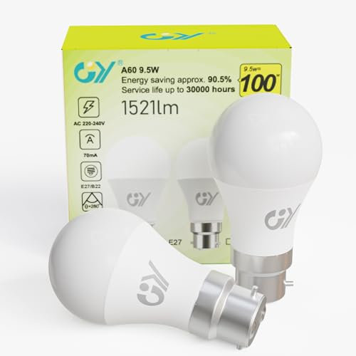 GY Bayonet Light Bulbs Cool White 6500K B22 LED Bulbs,9.5W 1521 Lumen Ultra Bright Energy Saving 100W Equivalent,Non-dimmable,2-Pack