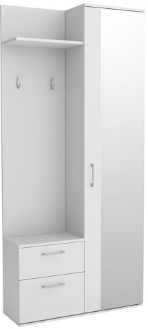 Garderobenschrank Flur 90 cm Breit Watford, Flurgarderoben Set mit Spiegel, Schuhschrank und Regalen, Vorzimmer Flur Möbel - Weiß