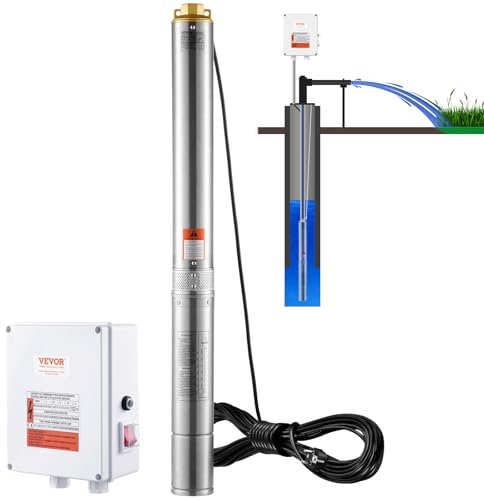 VEVOR Tiefbrunnenpumpe 2200W 230V 9,8m³/h Durchfluss 144 m Förderhöhe mit 19,4 m Kabel und externer Steuerbox Edelstahl-Brunnenpumpe für industrielle Bewässerung und den Heimgebrauch IP68 wasserdicht