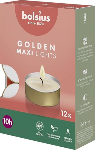Candele tealight maxi Bolsius con contenitore dorato – 12 pezzi – 10 ore di combustione – Candele decorative per la casa – Non profumate – A base di cera vegetale naturale – Senza olio di palma