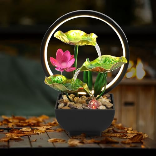 Fuente de mesa de 3 niveles con hojas de lirio de agua, pequeñas fuentes de cascada con rocas y luces LED de anillo recargable, fuente de agua de escritorio para interiores, para relajación, hogar,