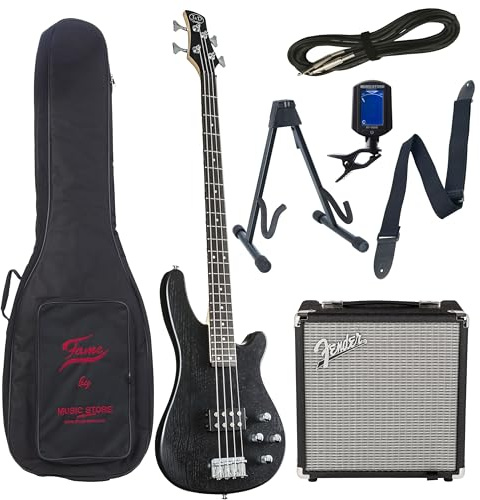 Elektrische Bassgitarre Set 4-Saiter, Esche Korpus, Ahorn Hals, Humbucker, Aktiv Elektronik, inkl. Rumble 15 Verstärker, Zubehör, Transparent Schwarz Finish, Longscale, 24 Bünde