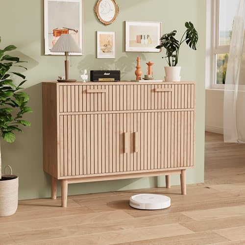 KeepGoon Aparador 100 x 35 x 80 cm, con patrón vertical, con 2 cajones y 2 puertas, aparador, mesa auxiliar, cómoda, armario, entrada, salón, dormitorio, cocina, color madera