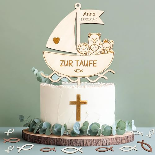 Cake Topper Taufe, Holz Tortendeko mit 36 Pcs Holz Fische Streudeko, Taufe Deko für Jungen Mädchen