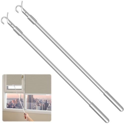 2PCS Telescopic Draw Rod, 13‘’-24‘’ Adjustable Window Blinds Pull Rod, Blind Tilt Wand for Window Skylight, Clothes Hook Pole, Draw Wand to Pull and Push The Cordless Roller Shades Down & Up