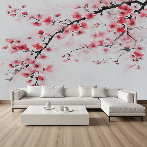 Papier Peint Intissé Fleur de Prunier Fleurs de Cerisier, Papier Peint Panoramique Floral Botanique Naturel, Tapisserie 430x300cm, Décoration Murale en Intissé, Écologique, Pour Salon Chambre Bureau