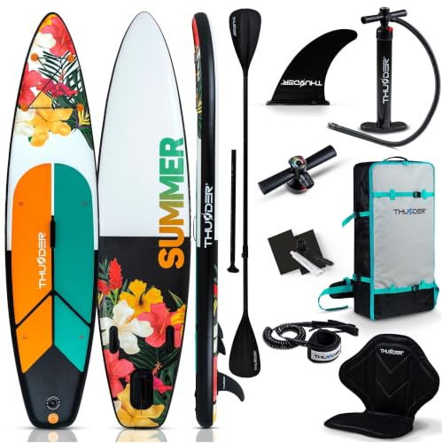 THUNDER Planche Sup Gonflable 320 cm avec Siège Kayak – Stand Up Paddle Board Set avec Pompe, Pagaie & Sac à Dos – Antidérapant pour Adultes & Débutants