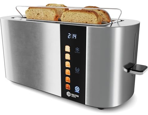 Balter Toaster 4 Scheiben, Touch Bedienung, Langschlitz, Edelstahl, Brötchenaufsatz, LCD Display Langschlitztoaster, Auftaufunktion, Brotzentrierung, TS-34