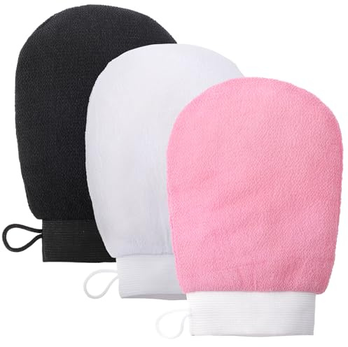 3 Pezzi Kese Guanto per Peeling, Guanto Esfoliante per il Corpo, Guanto per Peeling Hamam per Rimuovere Peli Incarniti e Scaglie di Pelle (Nero, Grigio, Rosa)