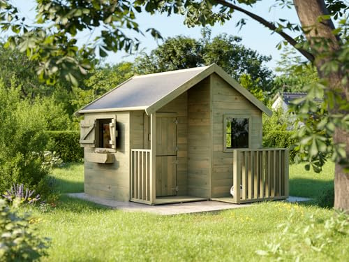 Prestige Garden Spielhaus Berlin KDI | 182x217x174 cm | Kesseldruckimprägniert | Mit Fußboden, Veranda & 3 Fenstern | Kinder Holz Spielhaus Outdoor