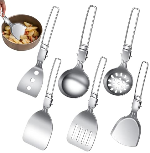dzqad Set Med Camping Köksredskap För Matlagning - 6-delars Rostfritt Stål Campingbesticksset,Återanvändbara Släcksäkra Köksredskap för Resor Vandring Bilutflykter Strandpicknick Grillning