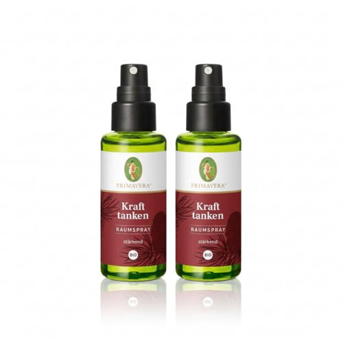 Primavera Kraft Tanken Raumspray Bio 50 ml – Erfrischendes Duftspray mit Zeder, Kardamom & Bergamotte, 100% naturrein, Bio-zertifiziert & vegan - 2 Flaschen je 50 ml