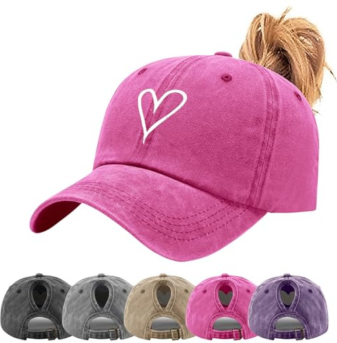 Tiakay Ponytail Baseball Cap for Women Vintage Washed Cotton Heart Embroidered High Messy Bun Ponycap Adjustable Comfortable UV Protection Trucker Hat Snapback Outdoor Sports Cap (A_Pink)