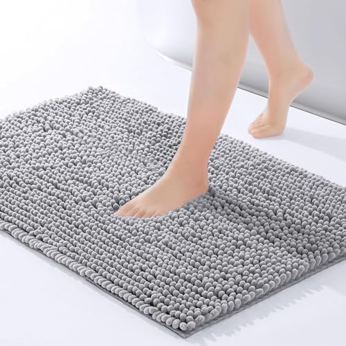 Moonlight Bedding Bath Mat Non Slip Anti Mould - Chenille Shower Mat Grey 40x60 cm Super Absorbent Bathroom Mat Machine Washable Extra Soft Fluffy Bathmat