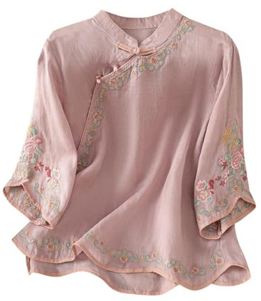 Chemisiers pour femme élégants à manches 3/4 pour femme, hauts d'été en coton et lin brodés, chemisiers vintage élégants en lin, t-shirt décontracté, bohème, tunique légère, violet, XL