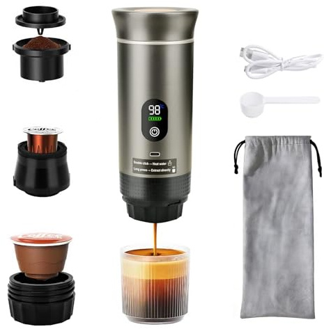 ANTREATU Portable Coffee Maker, 3-in-1 Portable Espresso Maker for Capsules & Ground Coffee, Hot & Cold Brew Travel Coffee Maker for Camping, RV, Office - Grey