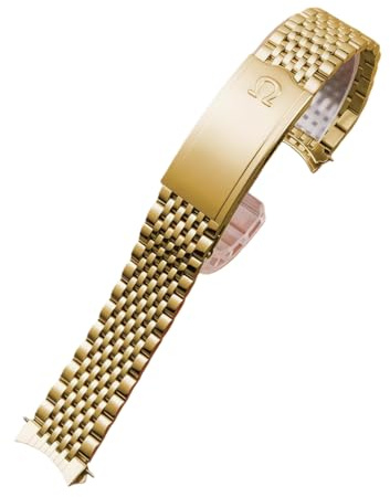 ROUREOX Cinturino Orologio Acciaio Vintage 9 File Bracciale Metallo Curvo Braccialetto Ricambio 18mm 19mm 20mm Perline per Omega Speedmaster-D'oro 18mm