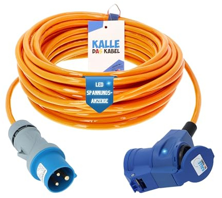 KALLE DAS KABEL CEE Verlängerungskabel 230V 16A – H07BQ-F 3G 2,5 mm², CEE Stecker auf CEE Winkelkupplung mit Schukosteckdose & LED Spannungsanzeige, IP44, Signal Orange, Camping Caravan 25 Meter