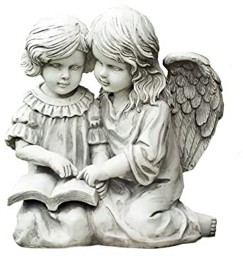 Garden Mile Alabaster White Stone Winged Angel Garden Ornaments Outdoor Cherub Statues with Book - Outdoor Fairy Large Garden Statues Angel Fairy Figures for Patio, Lawn, Garden Ornaments Decor