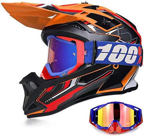 YASE Motorradhelm Crosshelm mit Brille, Motocross Helm/Enduro Downhill Helm, Offroad Motorradbrille Herren/Damen Full Face MTB Helm für Moped/ATV/Mountain Bike (Schwarz/Orange/Rot,XXL (60-61CM))