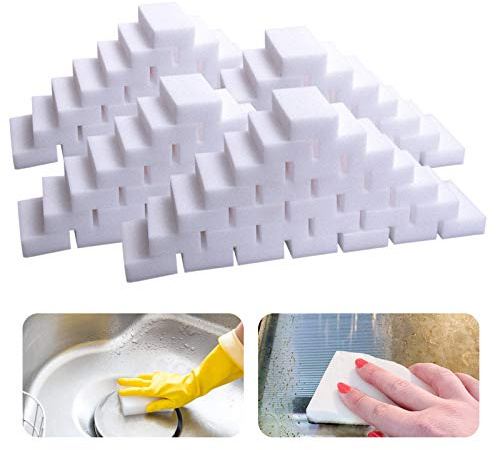 Magic Sponge Eraser, 100 Pack Melamine Foam Bulk Sponge Sheets - Bathroom, Oven, Shower, Glass, Dishes, Stove Top, Kitchen Sinks, Bathtub, Wall Tile, Baseboard Cleaner - White, Not Easily Rip