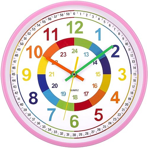 VINILITE Wanduhr Kinder Lautlos 30 cm Batteriebetrieben Rosa | Lernuhr ohne Tickgeräusche, Farbige Zahlen, 24H, Kinderwanduhr für Wohnzimmer Schlafzimmer Kinderzimmer