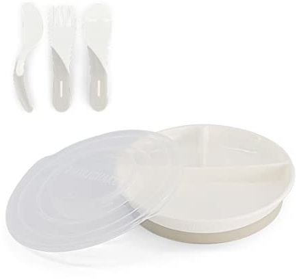 Twistshake Babygeschirr-Set | Geteilter Teller + Besteck 6m+ | BPA-frei | Ernährungstrainingsset für Kinder | Weiß
