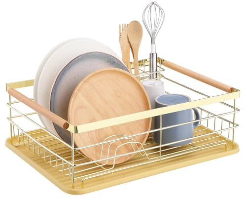 Navaris Cestello Scolapiatti con Manici Vassoio Anti Sgocciolamento - Rastrelliera Asciuga Posate 42,5 x 31,5 x 14 cm Scola Piatti da Appoggio Cucina Oro