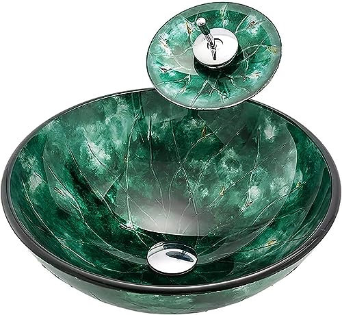 SXLSZ Waschbecken Gehärtetes Glas Aufsatzwaschbecken Waschtisch Grün Runde Aufsatz-Waschschale Handwaschbecken mit Wasserfall Wasserhahn, Abtropfkombination