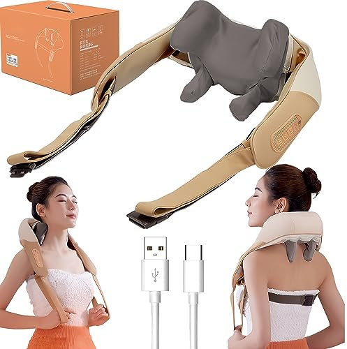 JSvsza Kabellos Massagegerät Shiatsu Nackenmassagegerät mit Wärmefunktion, Massagegerät mit 6D-Rotierenden, Muskelentspannung, 2000-mAh-Akku, für Nacken, Schulter, Rücken, Orange